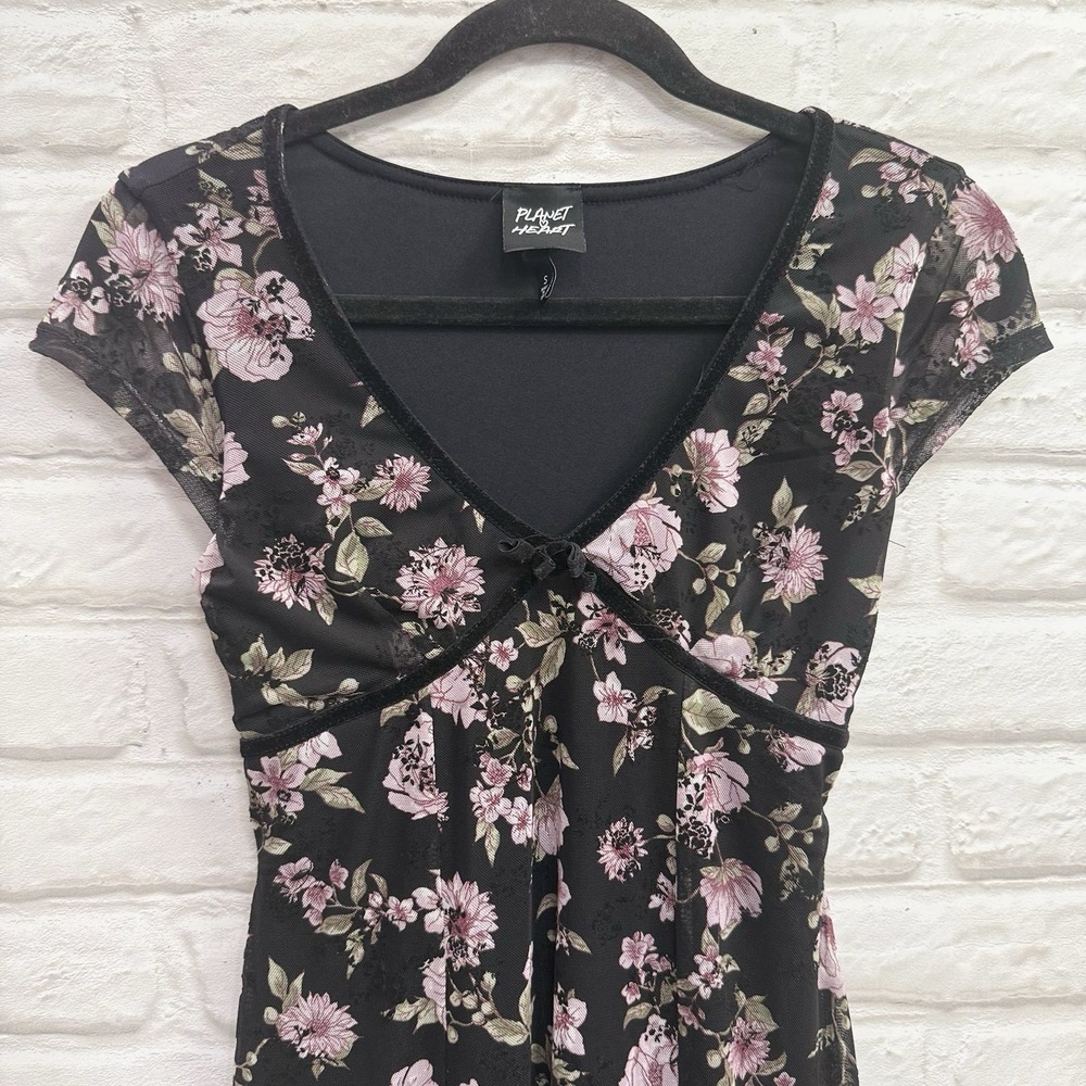Planet Heart Y2K Black Floral Babydoll Slip Dress Sz Small Romantic Velvet Trim - Picture 7 of 15